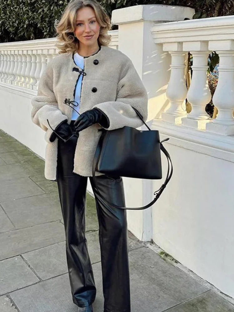 Advbridge Patchwork O-neck Lamb Wool Coat For Women Chic Bull Horn Buckle Long Sleeve Loose Jacket 2024 Autumn Lady Warm Outerwear Faux Fur Jacket Real Fur Jacket Shearling Jacket Advbridge Patchwork O-neck Lamb Wool Coat For Women Chic Bull Horn Buckle Long Sleeve Loose Jacket 2024 Autumn Lady Warm Outerwear Faux Fur Jacket Real Fur Jacket Shearling Jacket