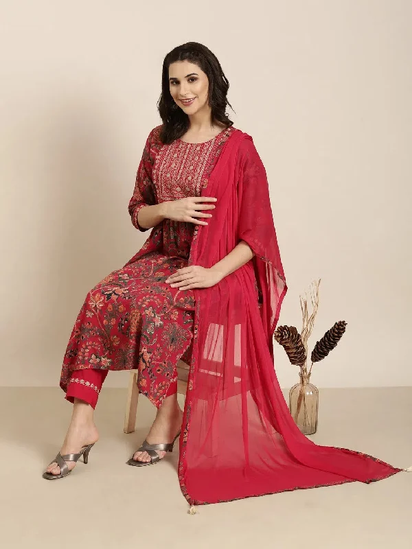 Women A-Line Pink Floral Kurta and Trousers Set Comes With Dupatta-AT-A1224-KPD-Pink Trousers sophisticated sleek Women A-Line Pink Floral Kurta and Trousers Set Comes With Dupatta-AT-A1224-KPD-Pink Trousers sophisticated sleek