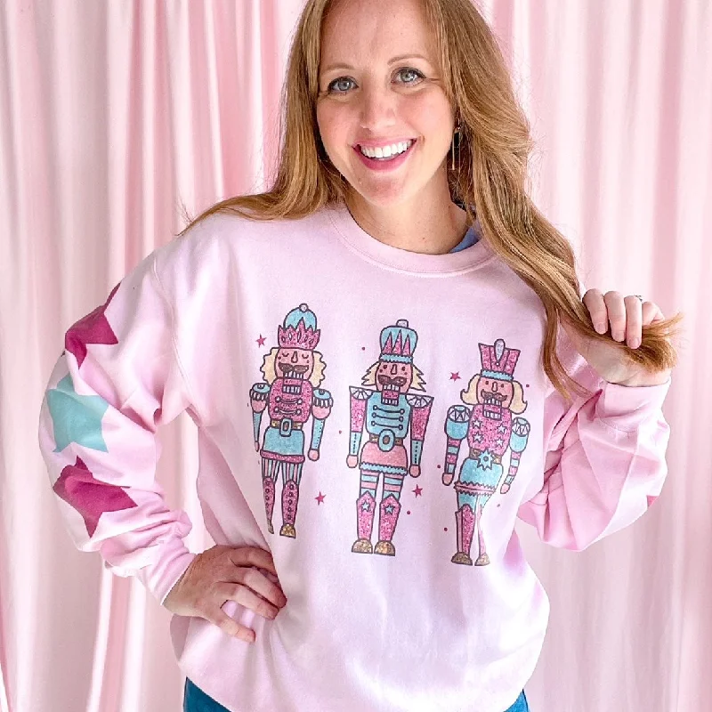 Christmas Themed - Nutcracker with Star Sleeves - Women's Light Pink Sweatshirt S154 Hoodie with Elastic Waist Stretchable Comfortable Christmas Themed - Nutcracker with Star Sleeves - Women's Light Pink Sweatshirt S154 Hoodie with Elastic Waist Stretchable Comfortable