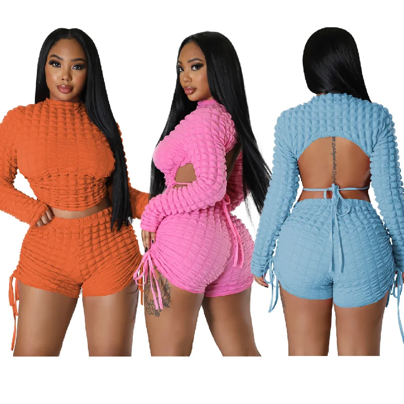 Long Sleeve Backless Crop Tops 2 Piece Short Pants Outfits For Women 2023 Casual Drawstring Short Set Crop Top Seamless Stretchy Long Sleeve Backless Crop Tops 2 Piece Short Pants Outfits For Women 2023 Casual Drawstring Short Set Crop Top Seamless Stretchy
