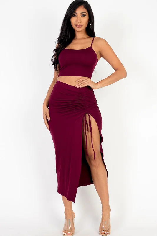 Midi Skirt Set with Cami Crop Top and Ruched Side Split Hem Front Pockets Side Pockets Patch Pockets Midi Skirt Set with Cami Crop Top and Ruched Side Split Hem Front Pockets Side Pockets Patch Pockets