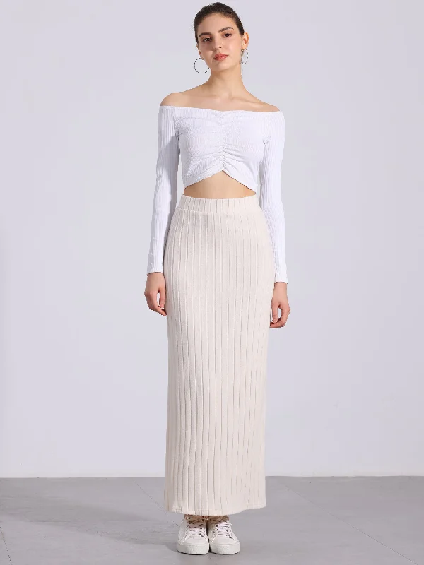 Knitted Textured Solid Color Slit Maxi Pencil Skirt button skirt front