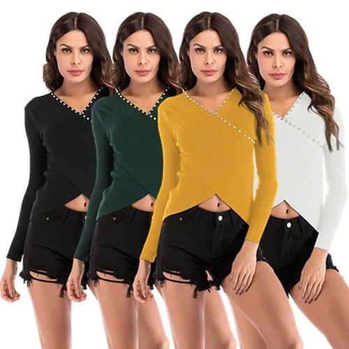 Solid Nail Bead Short Sweater Women's Spring Trim V-neck Cross-knit Sweater Hooded Caped Shawl Collar Solid Nail Bead Short Sweater Women's Spring Trim V-neck Cross-knit Sweater Hooded Caped Shawl Collar