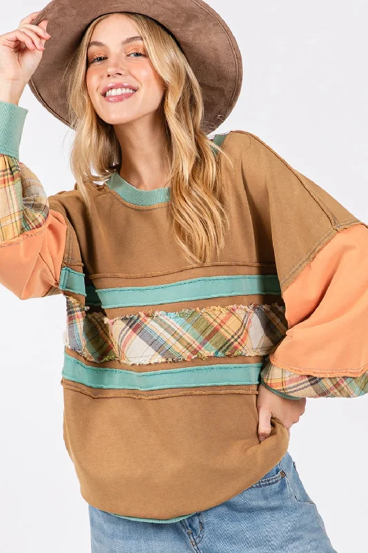Hazel Blues® | SAGE + FIG Mineral Wash Raw Edge Color Block Sweatshirt Hoodie with Hem Patch Decorative Personalized Hazel Blues® | SAGE + FIG Mineral Wash Raw Edge Color Block Sweatshirt Hoodie with Hem Patch Decorative Personalized