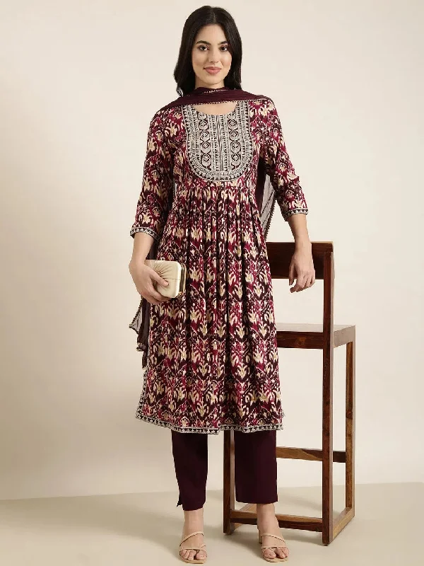 Women A-Line Burgundy Ethnic Motifs Kurta and Trousers Set Comes With Dupatta-RJF-053-Burgundy Trousers stylish elegant Women A-Line Burgundy Ethnic Motifs Kurta and Trousers Set Comes With Dupatta-RJF-053-Burgundy Trousers stylish elegant