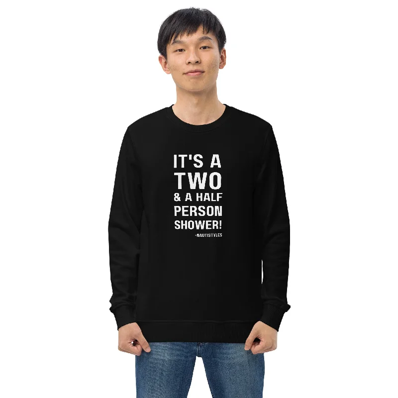 Unisex Adult Organic Sweatshirt "It's a two and a half person shower" in Black, Red, French Navy Hoodie with Drawcord Adjustable Secure Unisex Adult Organic Sweatshirt "It's a two and a half person shower" in Black, Red, French Navy Hoodie with Drawcord Adjustable Secure