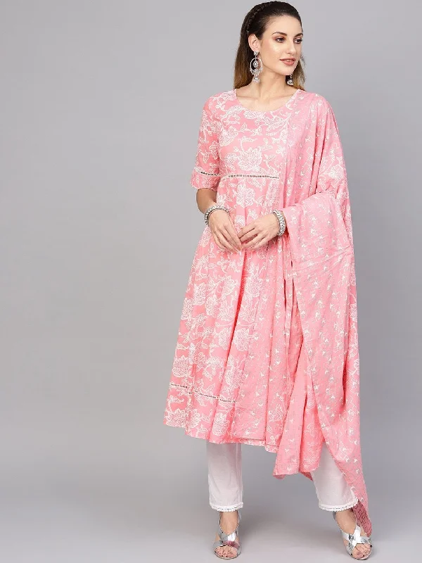 Women's Pink & White Khari Print Kurta with Trousers & Dupatta - AKS High Waist Slim Fit Ankle Length Women's Pink & White Khari Print Kurta with Trousers & Dupatta - AKS High Waist Slim Fit Ankle Length