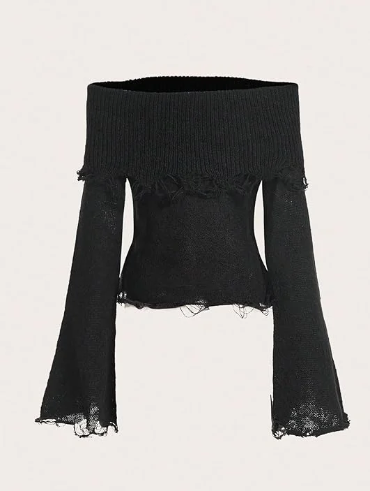 Witchy Gothic Moonrise Boatneck Ripped Sweater Terry Blend Velvet Blend Canvas Blend