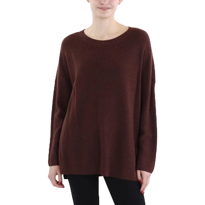 Womens Ribbed Split Hem Crewneck Sweater Solid Print Embellished