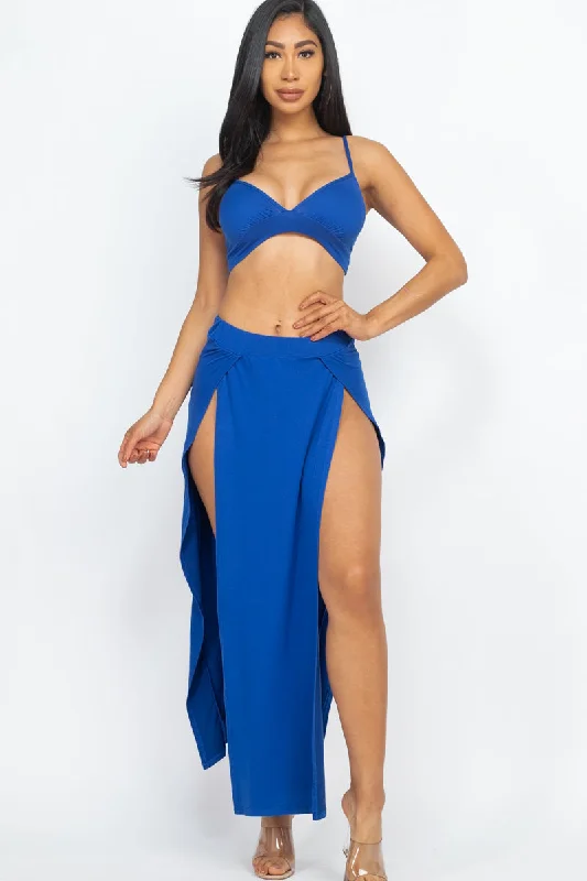 Convertible Crop Top with Side-Slit Maxi Skirt Spandex Blend Rayon Blend Denim Blend Convertible Crop Top with Side-Slit Maxi Skirt Spandex Blend Rayon Blend Denim Blend