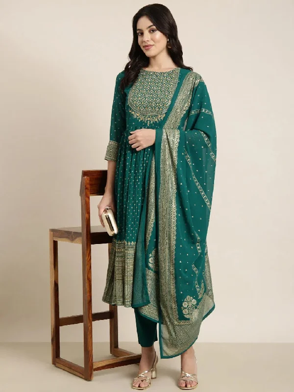 Women Anarkali Green Ethnic Motifs Kurta and Trousers Set Comes With Dupatta-BC-SK-1859-Green Trousers chic fashionable Women Anarkali Green Ethnic Motifs Kurta and Trousers Set Comes With Dupatta-BC-SK-1859-Green Trousers chic fashionable