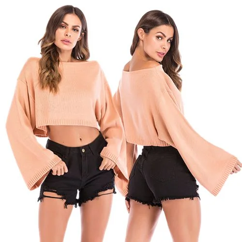 Sexy Collar Short Sweater Women's Spring New Loose Sweater Spandex Blend Rayon Blend Denim Blend Sexy Collar Short Sweater Women's Spring New Loose Sweater Spandex Blend Rayon Blend Denim Blend