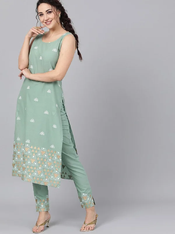 Women's Sea Green Khari Printed Kurta with Trousers - AKS Trousers Elastic Waist Soft Women's Sea Green Khari Printed Kurta with Trousers - AKS Trousers Elastic Waist Soft