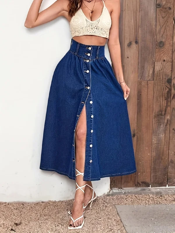 Vintage Chic High-Waisted Flared Denim Skirt - Women Denim Skirts with Cotton Blend, Slight Stretch, Button Details, A-Line Silhouette, and Elegant Solid Colors for Spring, Summer, and Fall Seasons wool skirt sturdy
