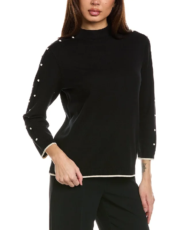 St. John Bobble Intarsia Pointelle Knit Mock Neck Sweater Fitted Loose Oversized
