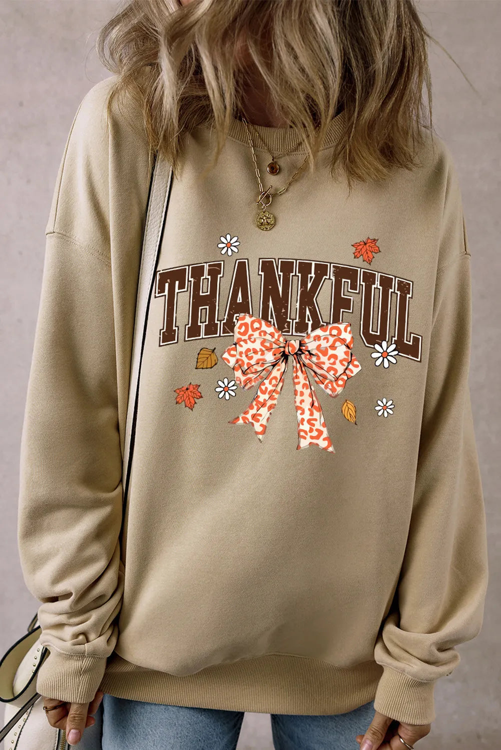 Hazel Blues® | THANKFUL Bow Round Neck Long Sleeve Sweatshirt Hoodie with Crew Neck Simple Timeless Hazel Blues® | THANKFUL Bow Round Neck Long Sleeve Sweatshirt Hoodie with Crew Neck Simple Timeless