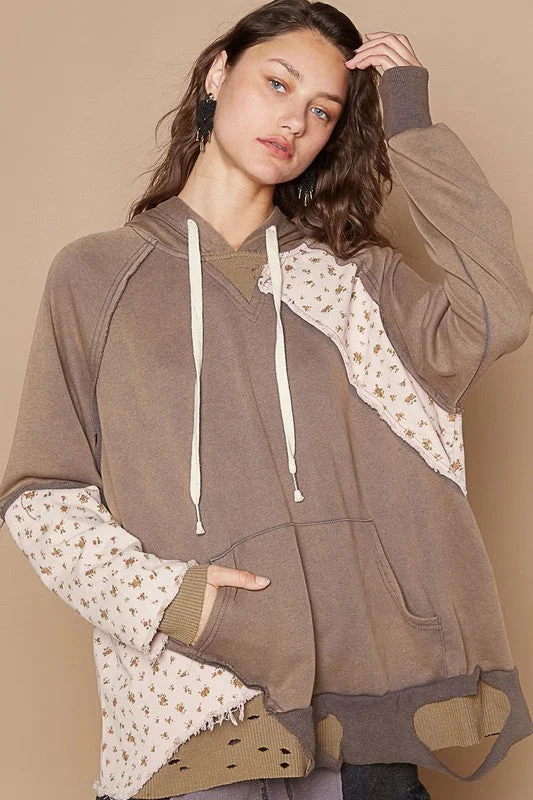 Blue Zone Planet | POL Floral Patchwork Distressed Drawstring Hoodie Hoodie with Elastic Cuffs Stretchable Comfortable Blue Zone Planet | POL Floral Patchwork Distressed Drawstring Hoodie Hoodie with Elastic Cuffs Stretchable Comfortable