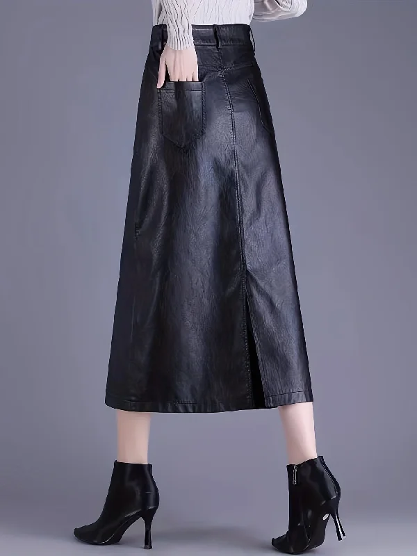Women's Casual PU Leather Midi Skirt with Back Slit - Polyurethane Solid Color Slight Stretch Regular Fit Long Length for Spring/Summer/Fall chiffon skirt delicate Women's Casual PU Leather Midi Skirt with Back Slit - Polyurethane Solid Color Slight Stretch Regular Fit Long Length for Spring/Summer/Fall chiffon skirt delicate
