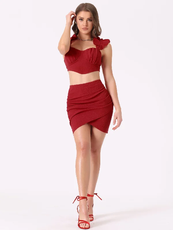 2 Pieces Ruffled Sleeveless Cropped Top and Bodycon Mini Skirt Sets velvet skirt plush