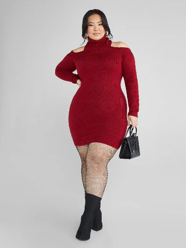 Fashion To Figure - Adela Cold Shoulder Turtleneck Sweater Dress Terry Blend Velvet Blend Canvas Blend Fashion To Figure - Adela Cold Shoulder Turtleneck Sweater Dress Terry Blend Velvet Blend Canvas Blend