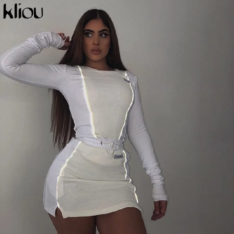 Kliou women fashion Reflective Striped patchwork two pieces set 2019 white full sleeve crop top bottom skirts outfit tracksuit Anti-Shrink Durable Soft Kliou women fashion Reflective Striped patchwork two pieces set 2019 white full sleeve crop top bottom skirts outfit tracksuit Anti-Shrink Durable Soft