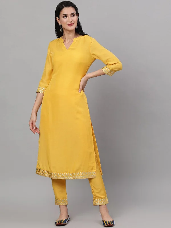 Women's Yellow & Gold-Toned Embroidered Kurta with Trousers - AKS Trousers sophisticated sleek Women's Yellow & Gold-Toned Embroidered Kurta with Trousers - AKS Trousers sophisticated sleek