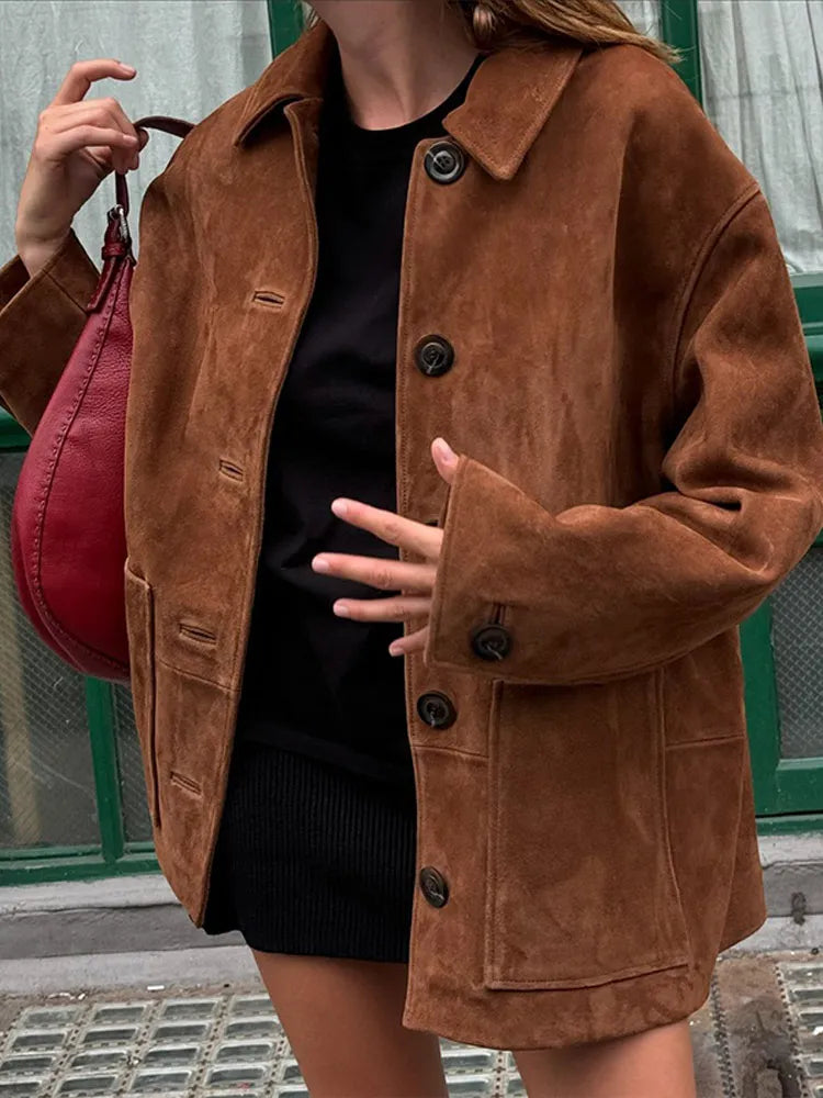 Advbridge Retro Brown Women's Single Breasted Loose Jackets Women Chic Pockets Long Sleeve Cropped Coats 2024 Autumn Lady Casual Outerwear Mesh Jacket Canvas Jacket Denim Jacket Advbridge Retro Brown Women's Single Breasted Loose Jackets Women Chic Pockets Long Sleeve Cropped Coats 2024 Autumn Lady Casual Outerwear Mesh Jacket Canvas Jacket Denim Jacket