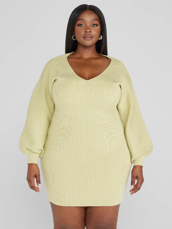 Fashion To Figure - Larissa Puff Sleeve Sweater Dress Polka Dot Checkered Tartan