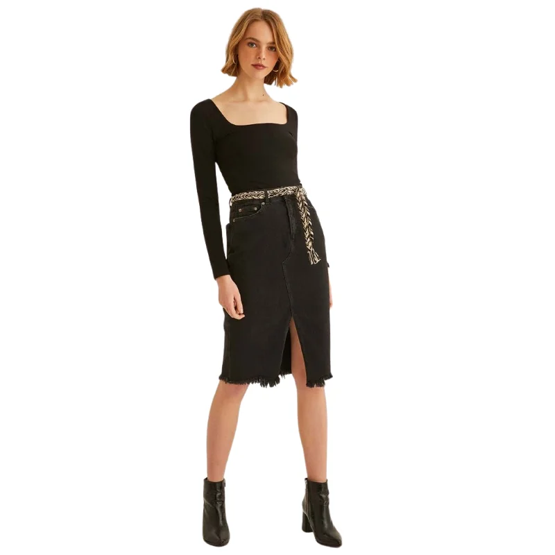 OXXO - Belt Detailed Denim Skirt wool skirt sturdy