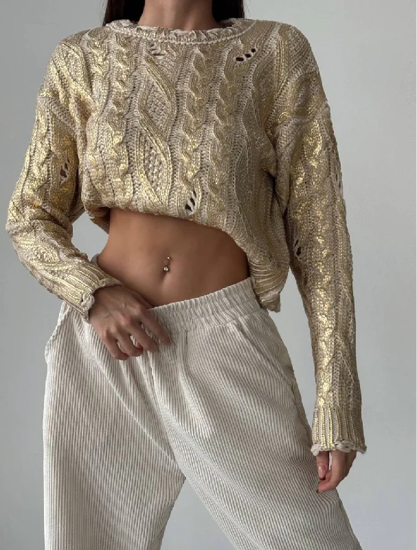 Cropped knit Chunky Sweater - Gold Anti-Pilling Anti-Shrink Durable