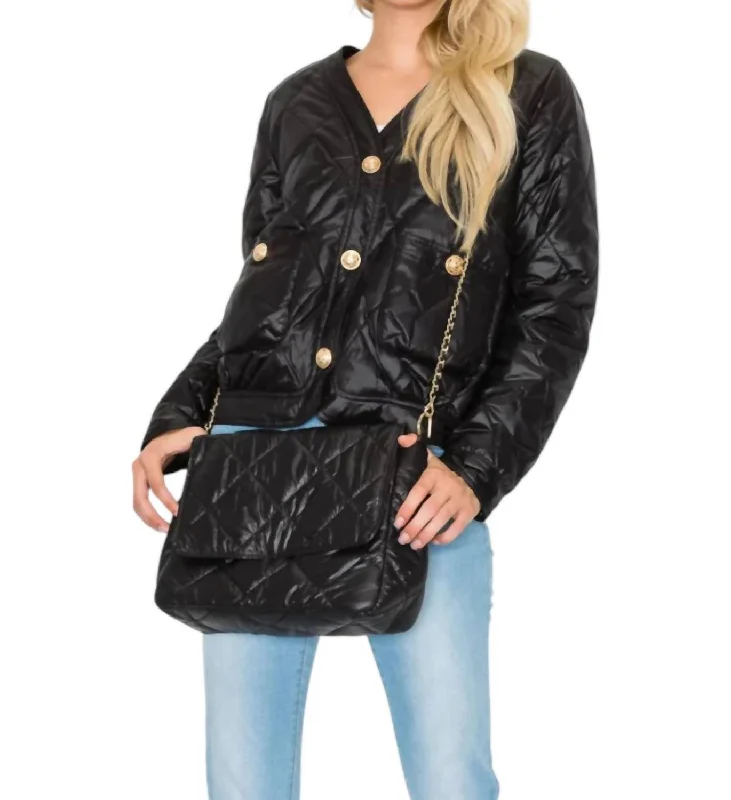 Johya Puff Jacket Matching Crossbody Bag In Black Notch Collar Peter Pan Collar Cowl Neck Johya Puff Jacket Matching Crossbody Bag In Black Notch Collar Peter Pan Collar Cowl Neck