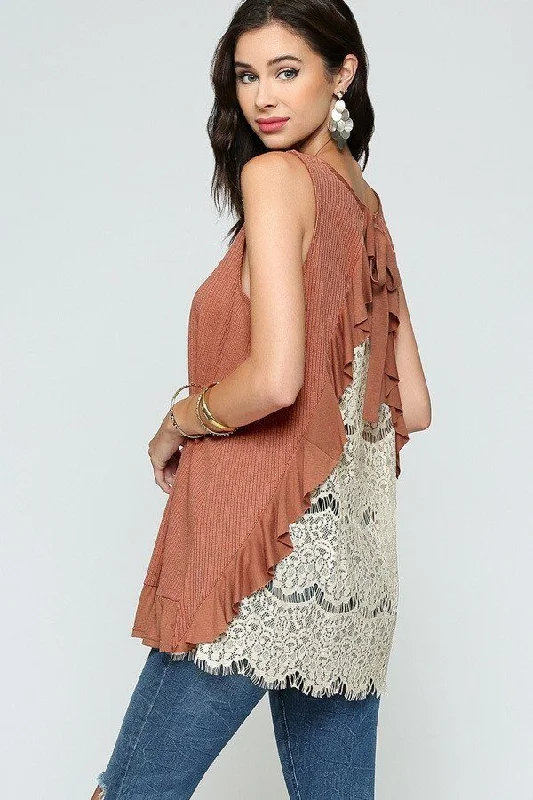 Sleeveless Back Lace Ruffle Detail Tank Top black tank top