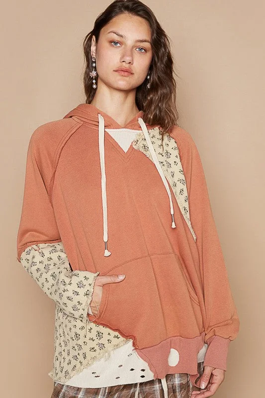 Blue Zone Planet | POL Floral Patchwork Distressed Drawstring Hoodie Hoodie with Cuffed Sleeves Snug Secure Blue Zone Planet | POL Floral Patchwork Distressed Drawstring Hoodie Hoodie with Cuffed Sleeves Snug Secure