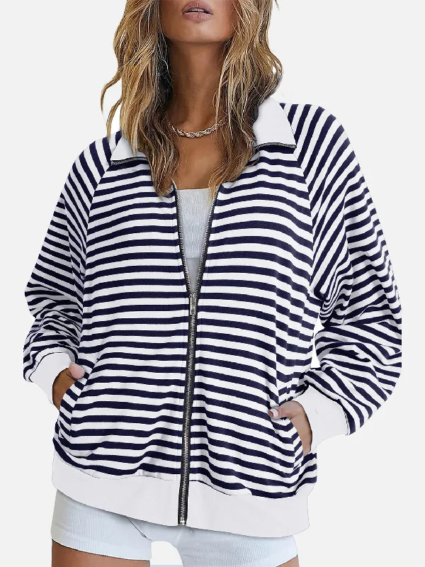Hazel Blues® | Striped Zip Up Long Sleeve Sweatshirt Hoodie with Tied Waist Feminine Flattering Hazel Blues® | Striped Zip Up Long Sleeve Sweatshirt Hoodie with Tied Waist Feminine Flattering