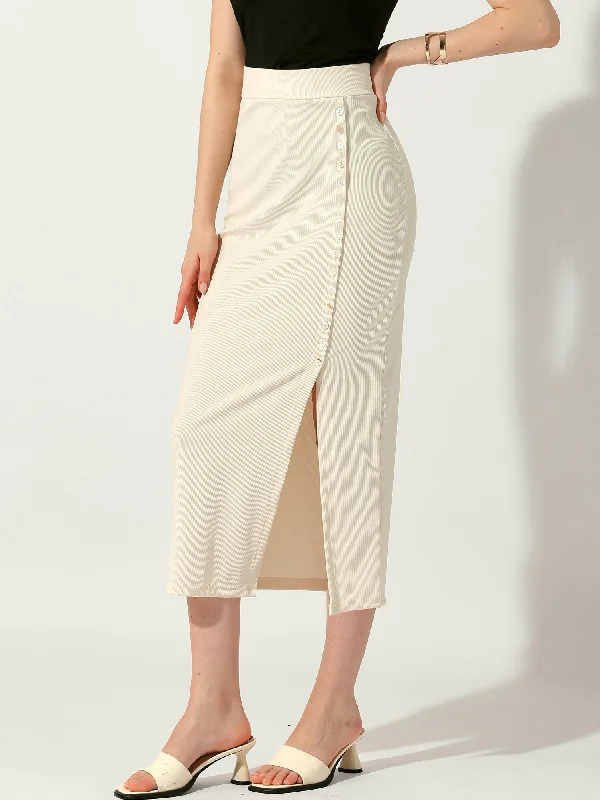 Pencil Basic Skirt Midi Casual Side Split Ribbed Knit Bodycon Skirts silk skirt smooth