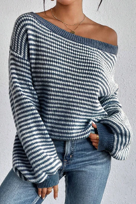 Off Shoulder Sweater - Sailor Blue Real Fur Shearling Chenille