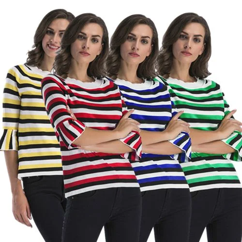 Horn Sleeve Striped Sweater Women's Spring Trim Round Collar Mid-sleeve Knitwear Polka Dot Checkered Tartan Horn Sleeve Striped Sweater Women's Spring Trim Round Collar Mid-sleeve Knitwear Polka Dot Checkered Tartan