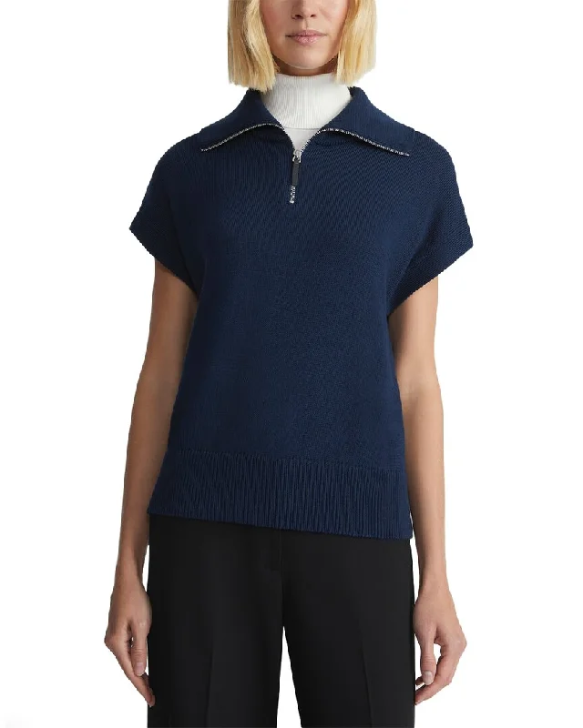 Lafayette 148 New York Collared Half Zip Silk-Blend Sweater Ribbed Striped Patterned