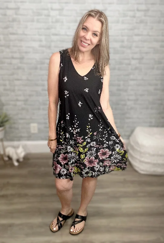 Black Flower Garden Swing Tank Dress with Pockets - Plus
