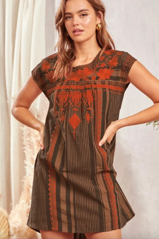 Brown Striped Embroidered Dress