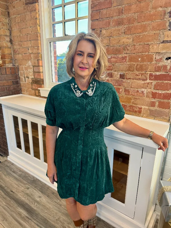 Embroidered Corduroy Dress Hunter Green