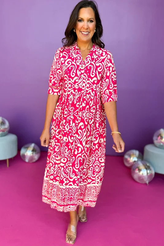 Fuchsia Paisley Printed Split Neck Collared Elbow Sleeve Dress *FINAL SALE*