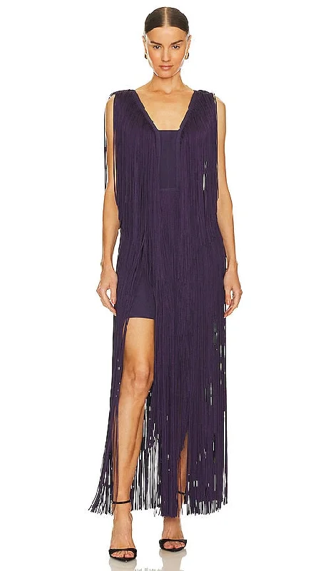 Herve Leger Plunging Fringe Gown in Purple