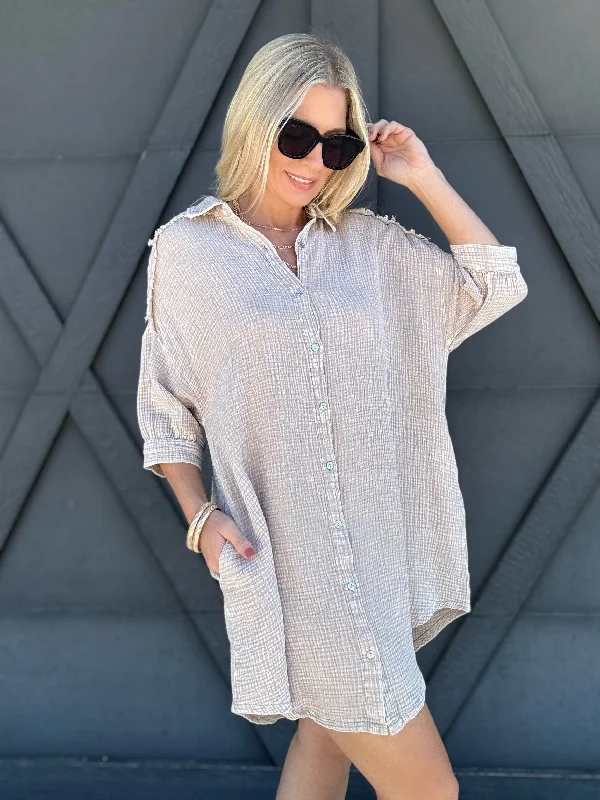 Mineral Wash Button Down Dress In Taupe