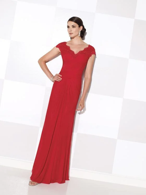 Mon Cheri - 115608WSC Stretch Lace Scalloped V-neck Long Gown