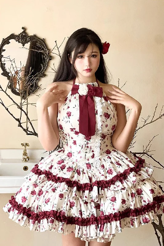 Red/White Halterneck Romantic Rose Print Ruffle Bowknot Sweet Chinese Style Lolita Dress
