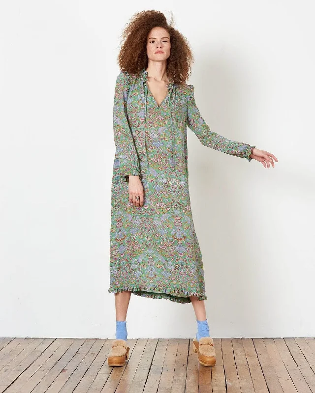 Tapestry Silk Ruffle Printed Dress