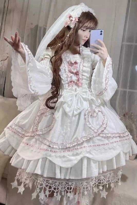 White [Pure Love Story] Hanayome Bowknot Stitching Ji Sleeves Sweet Lolita Dress