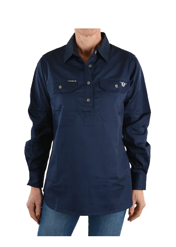 Bullzye Ladies Half Placket Work Shirt - Navy - B1S2101120- ON SALE Notch Collar Peter Pan Collar Cowl Neck Bullzye Ladies Half Placket Work Shirt - Navy - B1S2101120- ON SALE Notch Collar Peter Pan Collar Cowl Neck