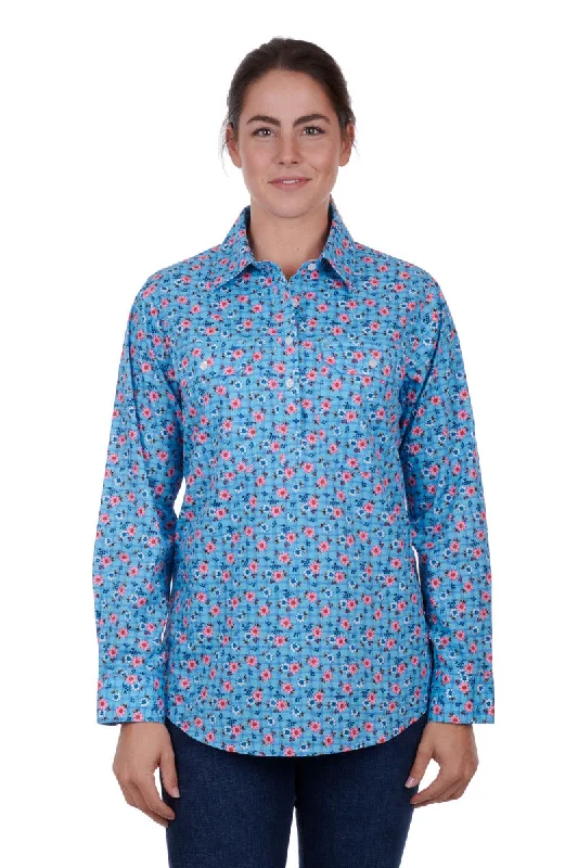 Hard Slog Ladies Becki Half Placket L/S Shirt - Blue - H3S2101152 Front Pockets Side Pockets Patch Pockets Hard Slog Ladies Becki Half Placket L/S Shirt - Blue - H3S2101152 Front Pockets Side Pockets Patch Pockets